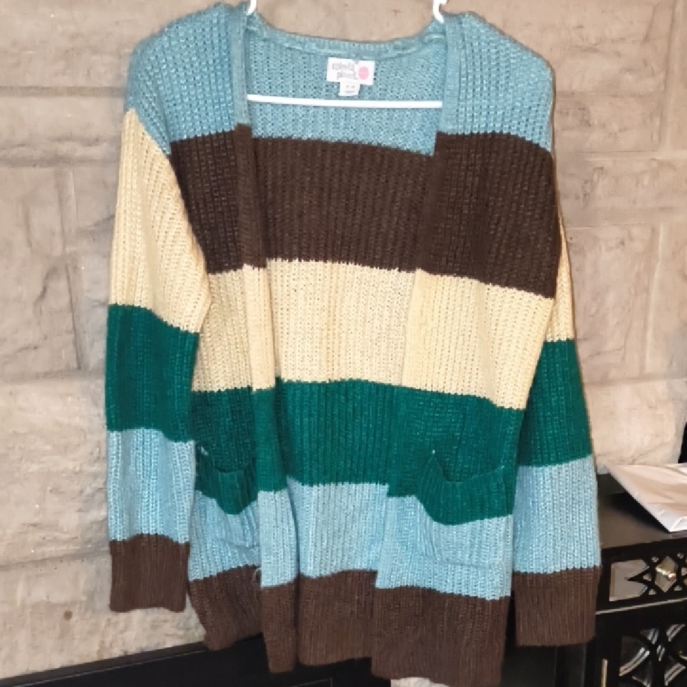 Cream and Blue Knit Cardigan Sweater